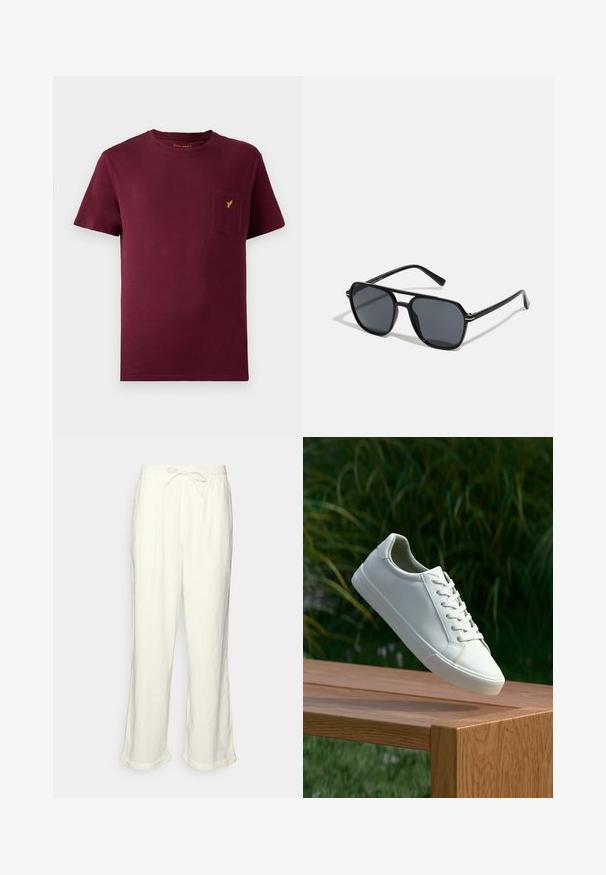 T-shirt de algodão burgundy com mangas curtas, decote redondo, bolso frontal e um pequeno logótipo amarelo bordado no bolso.; Calças de linho em off-white com um cós elástico, pernas ligeiramente largas e acabamentos dobrados para um ajuste descontraído. Sem bolsos.; Sapatilha branca com atacadores suspensa acima de um banco de madeira, com folhagem verde ao fundo, destacando o design e a textura do calçado.; Óculos de sol pretos com armação octogonal, lentes escuras, acabamento brilhante, hastes finas e detalhes em dourado na parte frontal.