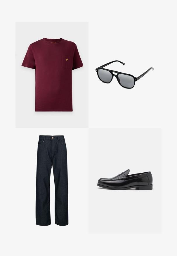 Burgundské bavlněné tričko s krátkým rukávem, kulatým výstřihem, přední kapsou a malým žlutým logem vyšitým na kapse.; Tmavě modré džíny s rovný fit, s knoflíkovým zapínáním, pěti kapsami a kontrastním prošíváním na švech.; Černé kožené mokasíny s kulatou špičkou, dekorativním prošíváním a nízkým podpatkem. Hladký povrch s jemným leskem. Klasický design bez zdobení.; Černé sluneční brýle s obdélníkovými rámy, šedými tónovanými skly a designem s výřezem ve střední části. Hladký, lesklý plastový materiál, s úzkými stranami.