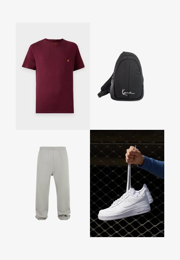 Burgundy cotton t-shirt with short sleeves, round neckline, front pocket, and a small yellow logo embroidered on the pocket.; Light grey sweatpants made from soft fabric, featuring an elastic waistband, tapered cuffs, and a relaxed fit. No pockets visible.; White leather sneakers with perforations, round toe, flat sole, and thick laces, featuring a visible swoosh logo and "AIR" on the heel.; Black fabric sling backpack with a smooth texture, featuring a curved design, zippered compartment, and a white logo on the front.