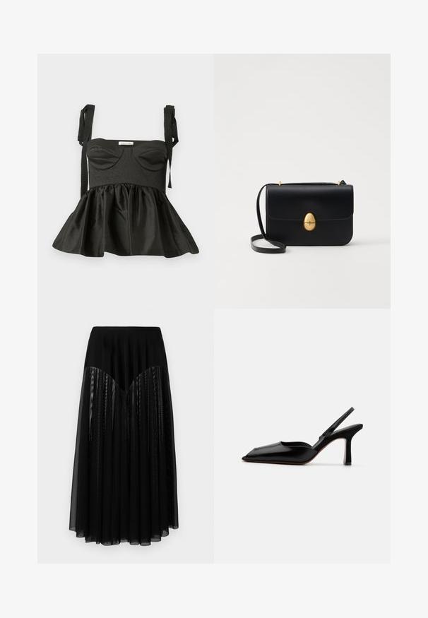Μαύρη τοπ με peplum, με δομημένο μπούστο, λαιμόκοψη sweetheart, υφή υφάσματος και ρυθμιζόμενες τιράντες. Η φαρδιά φούστα προσθέτει όγκο.; Μαύρη φούστα με στενή μέση, που διαθέτει επάλληλο πλισέ διαφανές ύφασμα και υφή σχεδίου. Το μήκος φτάνει μέχρι το μέσο της γάμπας, με λείο φινίρισμα.; Μαύρη δερμάτινη γόβα slingback με μυτερή μύτη, μινιμαλιστικό σχέδιο, λεπτή αλυσίδα στον αστράγαλο και κομψό τακούνι στιλέτο. Λείος υφή.; Μαύρη δερμάτινη τσάντα με δομημένο ορθογώνιο σχήμα. Διαθέτει χρυσό οβάλ κούμπωμα και λεπτό λουρί ώμου. Λείος υφάνισμα.