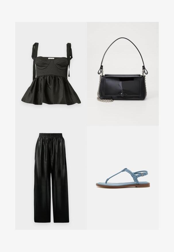 Melnā pepluma blūze ar strukturētu ķermeņa daļu, sirds veida dekoltē, teksturētu audumu un regulējamiem saitēm. Paplatinātā svārku daļa piešķir apjomu.; Melna ādas plata kāju bikses ar elastīgu jostu, ar divām sānu kabatām un gludu, spīdīgu tekstūru.; Zila ādas plakanā zamšādas sandaļa, kurai ir šaura siksniņa un sprādze ap potīti, nodrošinot drošu pielāgošanu.; Melnas lakotas ādas rokassomi ar taisnstūra formu, ķēdes siksnu un izteiksmīgu metāla aksesuāru centrā. Gluda tekstūra.; Zelta tonis stud auskari ar Saturn dizainu, kuram ir teksturēta josla un iebūvēti apaļi kristāli, lai pievienotu mirdzumu.