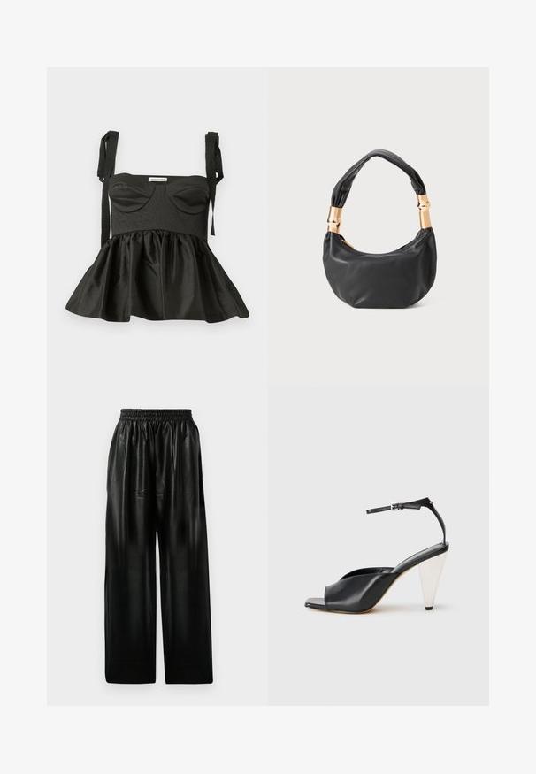 Top peplum preto com um corpete estruturado, decote coração, tecido texturizado e alças ajustáveis com laço. Saia evasé acrescenta volume.; Calças largas de couro preto com cintura elástica, apresentando dois bolsos laterais e uma textura suave e brilhante.; Sandal de salto alto em couro preto com bico aberto, design assimétrico, tira no tornozelo e um salto metálico em forma de cone. Textura suave por toda a parte.; Mala de mão em couro preto com forma redonda, textura suave e alça com nó, apresentando detalhes em metal dourado. Fecho em zíper.