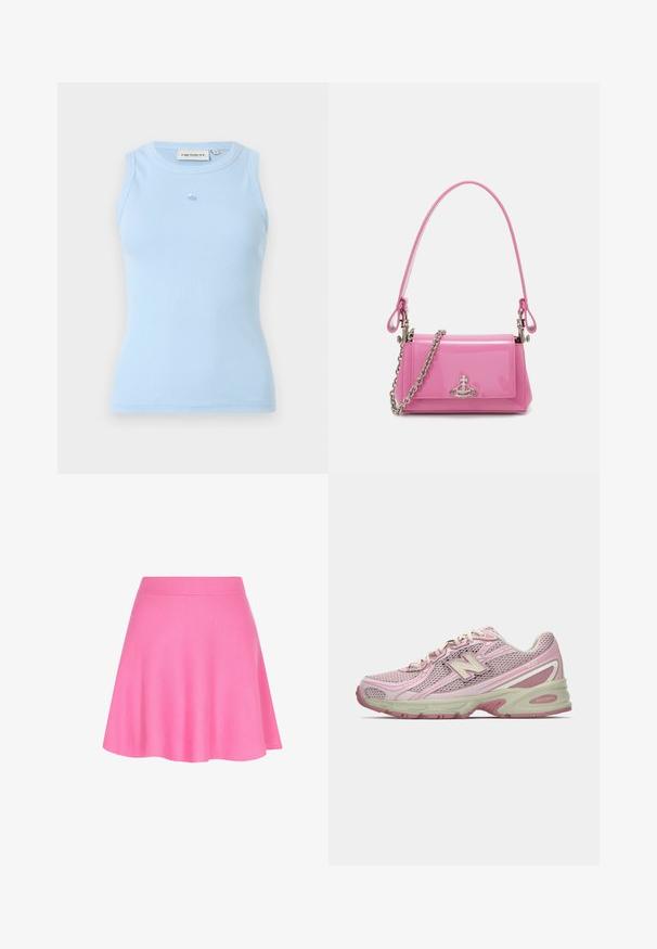 Svetle modrý žebrovaný top bez rukávů s kulatým výstřihem a malým logem na hrudi. Vyrobeno z měkkého, pružného materiálu.; Růžová pletená sukně s přiléhavým pasem a rozšířeným designem, vyrobená z měkké látky, která dodává hladkou texturu.; Růžové a béžové tenisky New Balance 740 s vrchní částí z polyesteru a syntetiky, se šněrováním a polstrovanou podrážkou zobrazené z boku.; Růžová lakovaná kabelka obdélníkového tvaru, odnímatelný řetízkový popruh a stříbrné kovové detaily na přední straně.
