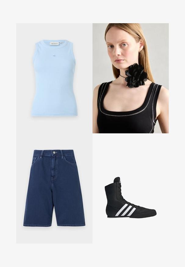 Top de tirantes de canalé azul claro con cuello redondo, diseño sin mangas y un pequeño logo en el pecho. Fabricado con un material suave y elástico.; Pantalones cortos de mezclilla azul marino con un diseño tradicional de cinco bolsillos, trabillas y un cierre de botón en la parte delantera. Textura suave con costuras visibles.; Zapatilla deportiva alta negra con un upper de tela texturizada, que presenta tres franjas blancas y un diseño de cordones al frente. Suela plana de goma en la base.; Collar tipo choker de flores negras hecho de pétalos superpuestos, que se lleva con una camiseta sin mangas negra de canalé con acentos plateados a lo largo del escote y los hombros.