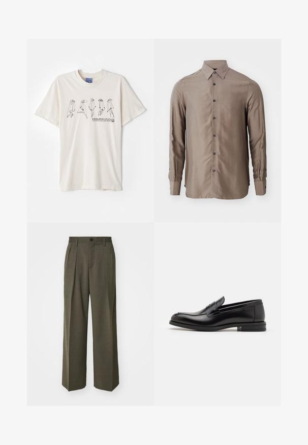 T-shirt in cotone color crema con maniche corte, caratterizzato da un design astratto nero e dalla scritta "KIDSUPER STUDIOS" al centro.; Camicia a maniche lunghe di colore taupe, realizzata in tessuto morbido, con chiusura a bottoni e bottoni scuri, e un piccolo logo sul petto.; Filippa K WIDE TROUSERS - Pantaloni - driftwood; Mocassini neri in pelle con una texture liscia, punta arrotondata e una striscia decorativa sulla tomaia. Tacco basso impilato, design minimalista.