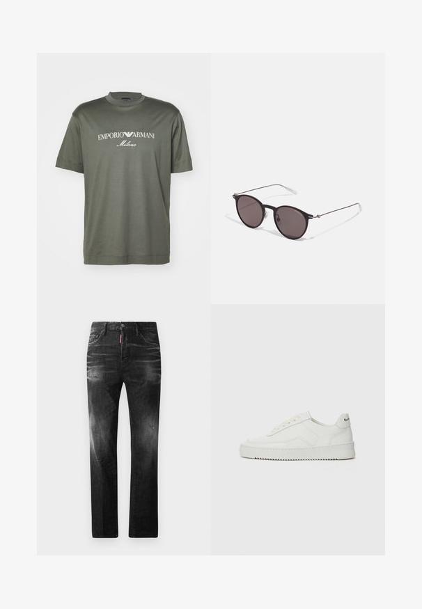 Tamsiai žalia medvilninė marškinėliai su apykakle, ant krūtinės yra balta logotipas su užrašu "EMPORIO ARMANI Milano". Trumpi rankovės.; Juodi džinsai su tiesiu kirpimu. Spalvoti svyrantys plotai, šiek tiek sugadinti, klasikinis penkių kišenių dizainas ir mygtuko uždarymas.; Balti odiniai sportiniai bateliai su lygia apdaila, apvaliu pirštu, plokščiais raišteliais ir tekstūruotu padu. Pasižymi subtiliu logotipu ant kulno.; Juodos apvalios saulės akinių su tamsiais lęšiais ir plonomis metalinėmis šakomis. Įtraukti skaidrūs šventyklų galai ir sidabriniai akcentai vyrio srityje. Minimalistinis dizainas.