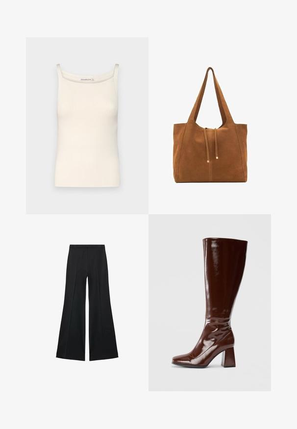 Top de tip tank, de culoare crem, cu o textură ribbed, cu bretele subțiri și decolteu rotund, având o textură netedă și o formă ajustată.; Pantaloni negri cu croială largă, având o textură netedă, cu pliseuri frontale și un design croit. Materialul este ușor și fluid.; Bocanci din piele sintetică maro, până la genunchi, cu vârf pătrat, finisaj lucios și toc gros pentru stabilitate. Design fără cusături, fără hardware vizibil.; Geantă tote din suede maro cu două mânere lungi, închidere prin șnur și un design minimalistic. Textură netedă și fără accente vizibile de hardură.