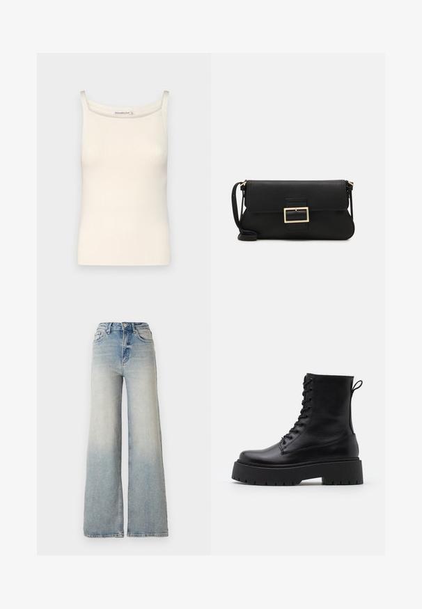 Kreemitooni ribitud särk õhukeste rihmadega ja ümaral kaelusel, millel on sile tekstuur ja liibuv lõige.; Heledad sinine laia säärega teksapüksid, mis on valmistatud denimist, kõrge vöökoht, viis taskut ja nähtav õmblemine õmbluste ääres.; Mustad mustad nahast pahkluu saapad ümarate varvastega, nööridega esiosas ja paksu kummist talla ning tekstuuritud mustriga. Tagumine tõmbeaas.; Must haben musta nahkklahviga kott, millel on klapp ja kuldne metallist pandla detail. Kaasas must rihm ja stiilne, minimalistlik disain.; Kulla värvi nõelad, õhukesed ja ümmargused, millel on sile metallist pind ja ilma kaunistuste või mustriteta.