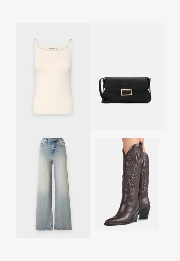 Kremno obarvana rebrasta majica brez rokavov s tankimi naramnicami in okroglo izrezom, ki se ponaša z gladko teksturo in prilegajočo obliko.; Svijetloplave široke traperice s visokim strukom, koje imaju pet džepova i vidljivo šivanje uz šavove.; Rjave usnjene kavbojske čevlje z ostrim nosom in blok peto, ki vsebujejo podrobno šivanje in dvignjene dodatke na zgornjem delu.; Črna usnjena torbica na preklop z zlato kovinsko zaponko. Vključuje črn trak in eleganten, minimalističen dizajn.; Zlate obroče ušesne uhane, tanke in krožne oblike, z gladko kovinsko površino brez okrasnih elementov ali vzorcev.