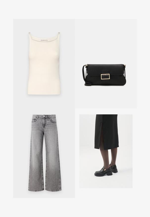 Kremaste rebraste majice bez rukava s tankim trakama i okruglim izrezom, s glatkom teksturom i prilagođenim oblikom.; Široke traperice napravljene od sivog denima s izblijedjelim završetkom. Ima klasične džepove i kopčanje na gumbe u struku.; Crne kožne cipele s zaobljenim vrhom, debelim blok petama i elastičnim bočnim detaljima, uparene s tamnim čarapama i crnom suknjom s prorezom.; Crna kožna clutch torbica s preklopom i zlatnim metalnim detaljem kopče. Uključuje crnu trakicu i elegantan, minimalistički dizajn.; Srebrne naušnice s obručima i uvijenim dizajnom, s poliranim završetkom i pričvršćivanjem na stražnjoj strani. Mjere otprilike 3 cm u promjeru.