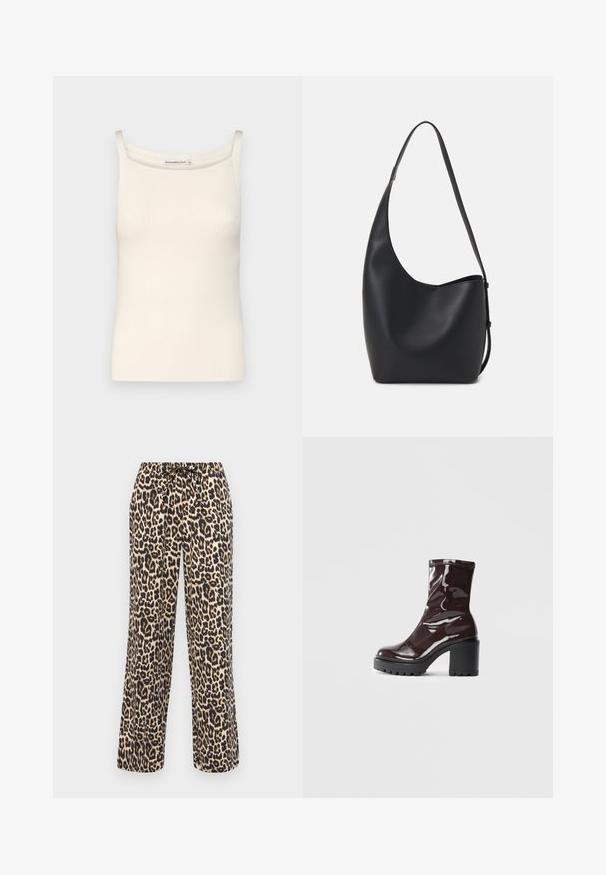 Krēmkrāsas ribota krūštura augšdaļa ar plānām siksniņām un apaļu kakla izgriezumu, ar gludu tekstūru un pieguļošu formu.; ONLY ONLCLARA PULLUP PANT - Auduma bikses - black; Spīdīgas bordo potīšu botītes ar masīlu melnu papēdi, kurām ir gluda tekstūra un vienkāršs dizains. Nav redzamu aizdari vai rakstu.; Melnas ādas hobo soma ar gludu tekstūru, izliekta forma un vienu regulējamu jostu; augšā ir plaša atvere.