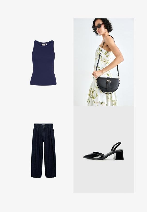 Navy blue ribbed tank top with a round neck and slim fit. Features a soft texture and no visible hardware or patterns.; Dark denim wide-leg trousers with pleats at the waist, featuring a front button and belt loops. Smooth texture and full-length design.; Black patent leather slingback heels with a pointed toe and a geometric block heel. Features a sleek, minimal design and smooth texture.; Black leather handbag with a curved shape, detachable strap, and gold hardware. The bag features a flap with a buckle detail.