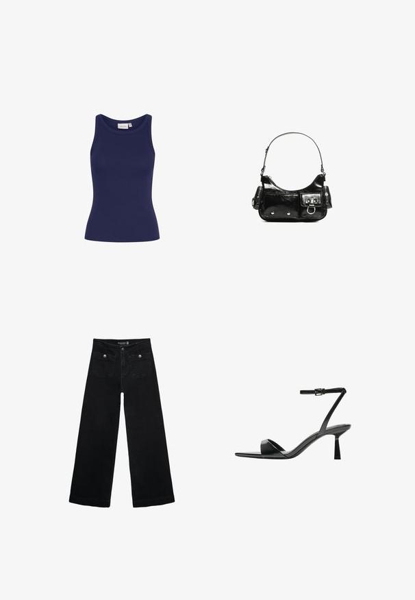 Marinblå ribbad linne med rund hals och smal passform. Har en mjuk textur och inga synliga detaljer eller mönster.; Svart vida jeans med hög midja, med två framfickor och metalldetaljer i form av knappar. Tyget har en mjuk textur.; Bershka Sandaletter - black; Svart lackläderhandväska med en rundad form, en axelrem, framfickor och detaljer i silverfärg.