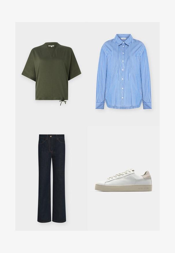 Top corto a maniche corte verde oliva realizzato in tessuto liscio, con scollatura a V, vestibilità ampia e dettaglio regolabile con un nodo all'orlo.; Camicia azzurro chiaro con bottoni, righe verticali bianche, colletto appuntito, maniche lunghe e tasca sul petto sinistro.; Jeans a gamba larga in denim scuro con vita alta, caratterizzati da cuciture arancioni e un bottone metallico a forma di cuore. Design con cinque tasche.; Sneaker bianca in pelle con finitura liscia, dettagli in suede beige, punta rotonda, design con stringhe piatte e suola in gomma testurizzata.