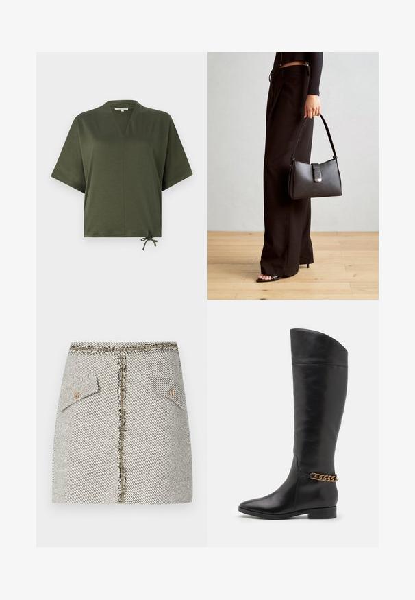 Olivovo zelený krátky rukáv top vyrobený z hladkej tkaniny, s V-výstrihom, voľným strihom a nastaviteľným viazaním na okraji.; Tkaná tweedová sukňa v bielo-čiernom herringbone vzore, má dve predné vrecká a zlatý zips na zadnej strane s rozstrapkanými okrajmi.; Vysoké čierne kožené čižmy so štíhlym dizajnom, špicatou špičkou a zlatým reťazovým akcentom na členku. Nízky blokový podpätok. Hladká textúra.; Čierna kabelka so štruktúrovaným tvarom, hladkou textúrou a kovovou sponou. V kombinácii so širokými čiernymi nohavicami a sandálmi s otvorenou špičkou na drevenej podlahe.