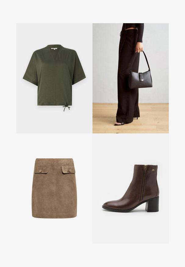 Olivovo zelený krátky rukáv top vyrobený z hladkej tkaniny, s V-výstrihom, voľným strihom a nastaviteľným viazaním na okraji.; Hnedá semišová mini sukňa s hladkou textúrou, ktorá má dva predné vrecká s klopou a gombíkové zapínanie na každej strane. Jednoduchý, rovný dizajn.; Hnedá kožená členková obuv s okrúhlou špičkou, bočným zipsom so zlatým kováním a blokovým podpätkom s textúrovaným vzorom.; Čierna kabelka so štruktúrovaným tvarom, hladkou textúrou a kovovou sponou. V kombinácii so širokými čiernymi nohavicami a sandálmi s otvorenou špičkou na drevenej podlahe.