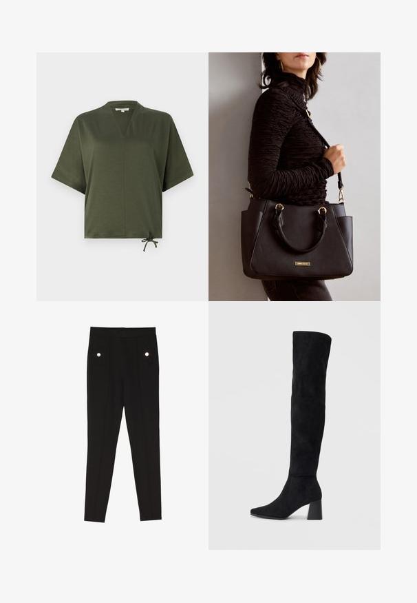 Top de manga corta en verde oliva, hecho de una tela suave, con escote en V, corte holgado y lazo ajustable en el dobladillo.; Pantalones negros a medida con una textura suave, que cuentan con dos bolsillos delanteros con acentos de hardware decorativo y un diseño ajustado.; Bota de ante negra hasta la rodilla con tacón cuadrado, puntera afilada y diseño liso y sin costuras sobre un fondo claro.; Bolso negro con superficie texturizada, doble asa superior y correa para hombro ajustable. Presenta herrajes en tono dorado y bolsillos laterales.