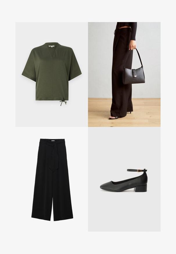 Oliiviroheline lühikeste varrukatega topp, mis on valmistatud siledast kangast, V-kaelusega, laiem ja hemiku reguleeritava sidumisega.; Mustad laiad püksid, millel on tekstureeritud kangas, elastne vöökoht ja eemaldatav pael vööst, et reguleerida sobivust.; Must mustaapp, millel on terav nina ja madal blokk-kand. Omab pahkluu rihma koos kuldse tooni pandlaga. Sile tekstuur.; Must musta kott, millel on struktureeritud kuju, sile tekstuur ja metallist klamber. Kombineeritud laiate mustade pükstega ja avatud varvaste sandaalidega puidust põrandal.