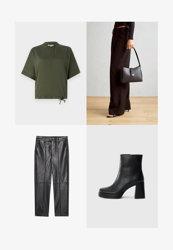 Olivengrønn kortermet topp laget av glatt stoff, med V-hals, løs passform og justerbar knytning i sømmen.; Sorte lærbukser med en glat tekstur, der har en lige pasform, to forlommer og synlige sømdetaljer.; Sorte skinnankelsko med blokkhæl og plattformsåle, sett fra siden på en enkel hvit bakgrunn.; Svart håndveske med strukturert form, jevn tekstur og metallisk lås. Kombinert med brede svarte bukser og sandaler med åpen tå på tregulv.