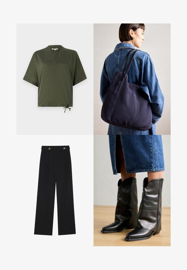 Olive green short-sleeve top made of smooth fabric, featuring a V-neck, loose fit, and adjustable tie at the hem.; Black wide-leg trousers with high waist, button details on waistband, and front pleats.; Pavement CALLISTA - Cowboy/Biker boots - black; Navy canvas shoulder bag with a soft, structured shape, featuring a black strap, stitched detailing, and a small brand tag.