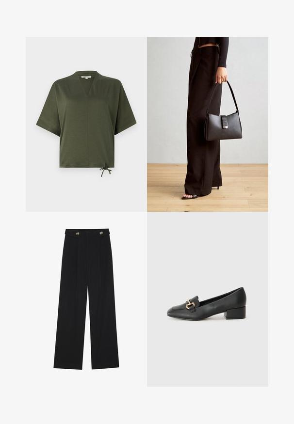 Top corto a maniche corte verde oliva realizzato in tessuto liscio, con scollatura a V, vestibilità ampia e dettaglio regolabile con un nodo all'orlo.; Pantaloni neri a gamba larga con vita alta, dettagli con bottoni in vita e pieghe frontali.; Mocassini in pelle nera con tacco piatto, dotati di un dettaglio decorativo in metallo dorato nella parte anteriore e una superficie liscia.; Borsa nera con forma strutturata, texture liscia e una chiusura metallica. Abbinata a pantaloni neri larghi e sandali open-toe su un pavimento in legno.
