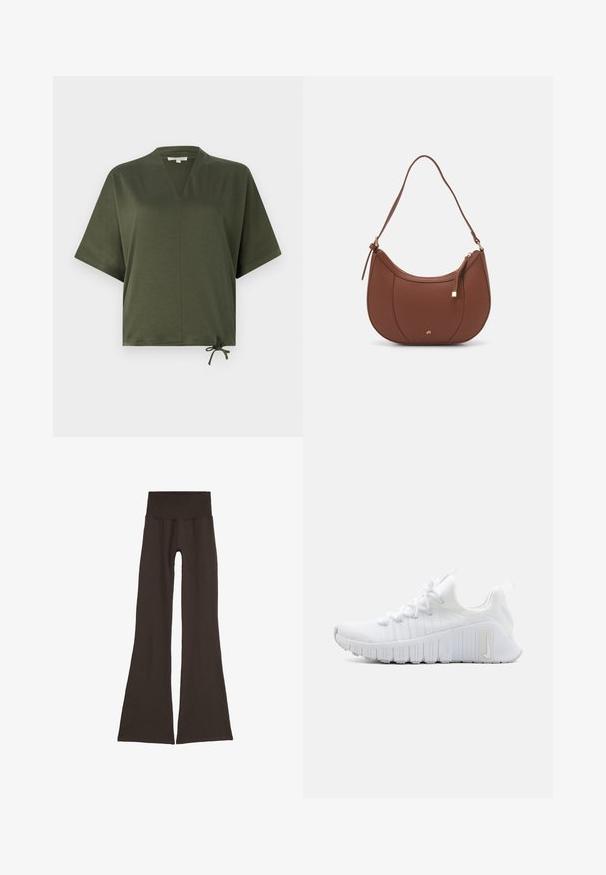 Olijfgroen T-shirt met korte mouwen, gemaakt van gladde stof, met een V-hals, een losse pasvorm en een verstelbare strik aan de onderkant.; Donkerbruine flared leggings met een brede, geribbelde tailleband. Gemaakt van zacht, elastisch materiaal, met een naadloos ontwerp en zonder zichtbare hardware.; Witte sportschoen met een gestructureerde bovenkant, platte vetersluiting en een opvallende rubberen zool met verticale groeven. Bevat een logo aan de zijkant.; Bruine faux leren schoudertas met een gebogen vorm, minimale stiksels en een gouden hardware-accent. Voorzien van een bovenste ritsluiting en een verstelbare schouderband.