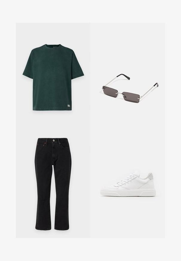 Abercrombie & Fitch PREMIUM CREW JOCKTAG - Paprasti marškinėliai - green; Juodas ir pilkas langeliais švarkas su apykakle, mygtukų priekine dalimi ir dviem krūtinės kišenėmis. Pagamintas iš tekstūruotos medžiagos.; Juodi džinsai išdenimo, tiesaus kirpimo, su penkiomis kišenėmis ir metalinėmis detalėmis su vario akcentais. Glotni tekstūra ir vidutinė liemens linija.; Balti odiniai sportbačiai su lygiu paviršiumi, apvaliu pirštu, plokščiomis raištelėmis ir struktūrizuota padu. Pilko zimšo akcentas ant kulno.; Akiniai nuo saulės su stačiakampiais, tamsiai pilkais lęšiais, sidabriniais metaliniais rėmeliais ir juodais plastikiniais galiukais. Lengvas dizainas su nosies pagalvėlėmis.