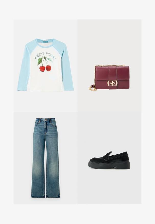 Λευκή πουκαμίσα με μακριά μανίκια και ανοιχτό μπλε μανίκια, με δύο κόκκινες κερασες και πράσινα φύλλα, και κείμενο "ΜΑΖΕΜΑ ΚΕΡΑΣΙΩΝ" από πάνω.; Ανοιχτού μπλε τζιν παντελόνι σε φαρδιά γραμμή διαθέτει υψηλή μέση, πέντε τσέπες και ελαφρώς φθαρμένα μπατζάκια, αναδεικνύοντας μια υφή με ξεθωριασμένο φινίρισμα.; Μαύρος λαστιχένιος μοκασίνι με παχύ πάτο, χαμηλό τακούνι και υφή άνω υλικού σε λευκό φόντο.; Μπορντό δερμάτινη τσάντα χειρός με αναδιπλούμενο καπάκι, χρυσή αλυσίδα και ορθογώνια κούμπωμα με ανάγλυφο λογότυπο "AX".