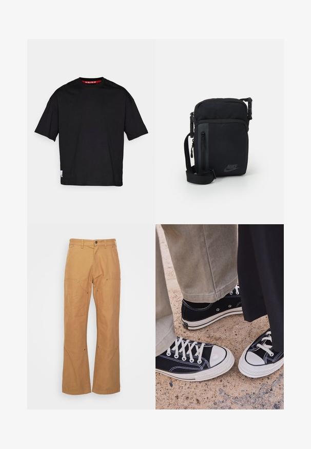 Must must sättiema, millel on ümar kaelus, lühikesed varrukad ja silt alumisel äärmisel serval. Kangas on sile ja kerge.; Küpsised tan värvi cargo püksid, mis on valmistatud vastupidavast kangast. Neil on küljetaskud, metallist detailid, sirge lõige ja tavaline vöökoht.; Mustad musta kanvaasi sneakers, valgete kummist varbakatete ja paeltega. Kontrastne tikand ja metallist silmad lisavad detaile. Kantakse beežide pükstega ja musta kangaga.; Mustast nailonist valmistatud õlakott, millel on tõmblukkudega sektsioonid, reguleeritav rihm ja diskreetne logo esipanelil. Sile tekstuur ja ristkülikuline kuju.