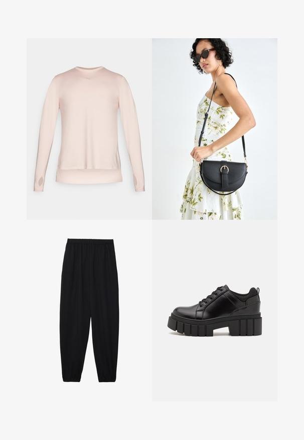 Hosszú ujjú sportpóló világos rózsaszín színben, sima anyagból készült; hüvelykujjlyukakkal és reflektáló logóval a mellkason.; Fekete, könnyű nadrág elasztikus derékkal és ráncolt bokákkal. Az anyag sima és laza, szűkített dizájnnal rendelkezik.; Fekete bőr platform cipők vaskos blokk sarkakkal, kerek orral és hagyományos fűzős kialakítással. Simára csiszolt felület és minimális részletezés jellemzi.; Fekete bőrtáska ívelt formával, levehető pánttal és arany színű fémrészekkel. A táskán egy csattal díszített fedél található.