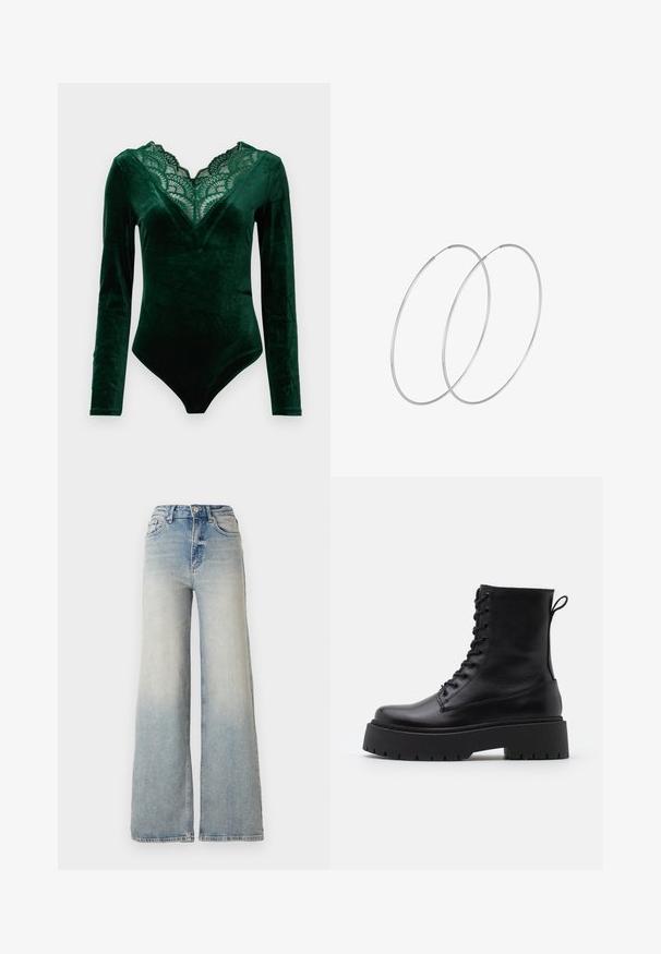 Syvä vihreä samettinen pitkähihainen bodysuit, jossa on nyöritetty pitsinen V-kaulus ja istuva siluetti.; Vaaleansiniset leveälahkeiset farkut, joissa on korkea vyötärö, viisi taskua ja näkyvät ompeleet saumoissa.; Musta nahkainen nilkkureita, joissa on pyöreä kärki, nauhakiinnitys edessä ja paksu kumipohja, jossa on teksturoitu pinta. Takana vetotappi.; Hopehope hopeilla, joissa on minimalistinen muotoilu. Pyöreä muoto, sileä pinta ja ohut profiili. Kevyet ja kiillotetut.