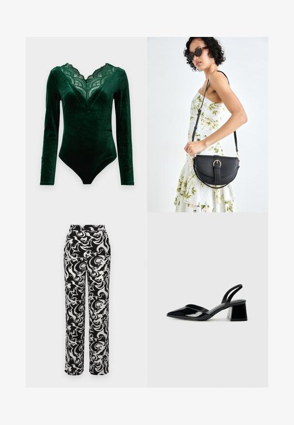 Mørkegrønn fløyels langermet bodysuit med bølget blonde V-hals og en tettsittende silhuett.; Svart-hvite mønstrede bukser med høy midje, med et sirkulært abstrakt design og rett benkutt. Jevn stofftekstur.; Svarte patentlær slingback hæler med spiss tå og geometrisk blokk hæl. Har et stilrent, minimalistisk design og jevn tekstur.; Svart lærveske med en buet form, avtagbar stropp og gullbeslag. Vesken har et klaff med spenne-detall.