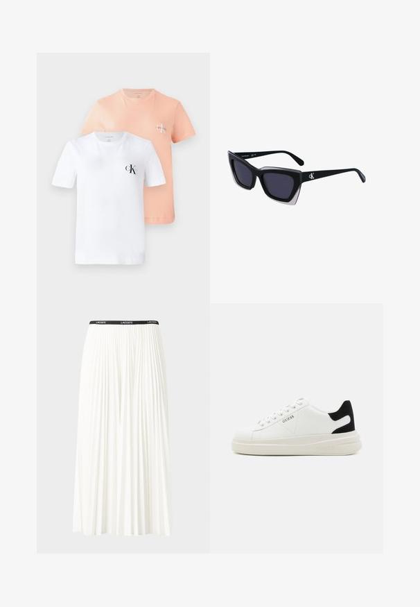 Dvě krátké rukávy trička: jedno bílé s černým logem CK, druhé světle broskvové s menším logem CK, obě vyrobená z měkké bavlny.; Záhybová bílá sukně s černým elastickým pasem s logem "LACOSTE". Suška je střední délky a má jemnou texturu.; Bílé kožené tenisky s tlustou bílou podrážkou, černým semišovým akcentem na patě a vyraženým logem na boku. Šněrovací design se šesti očka.; Černé oversized sluneční brýle geometrického tvaru, s tmavými skly a kontrastním šedým detailem na rámu. Logo na rameni.