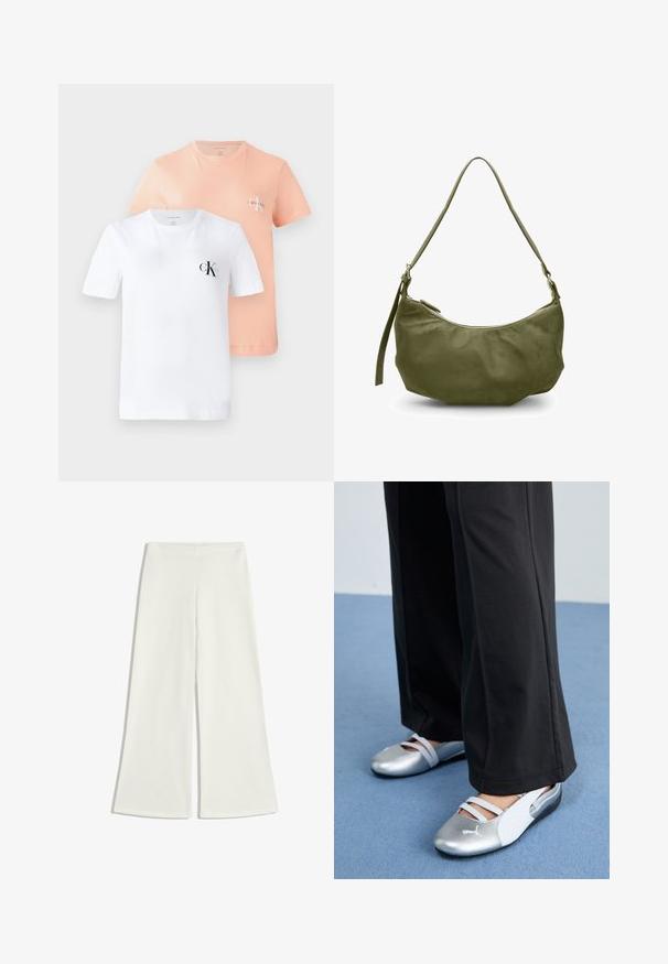 Két rövid ujjú póló: az egyik fehér, fekete CK logóval, a másik világos őszibarack színű, kisebb CK logóval, mindkettő puha pamutból készült.; Fehér, széles szárú nadrág sima anyagból. Magas derékvonallal rendelkezik, és nincsenek látható varrásai, ami letisztult sziluettet eredményez.; Ezüst és fehér lapos cipők keresztpántokkal és textúrált részletekkel, lazán fekete nadrágokkal párosítva. Kék padlóra állítva.; Olíva zöld bőr válltáska ívelt formával, cipzáras záródással és állítható pánttal. Sima textúra minimális hardver díszítéssel.