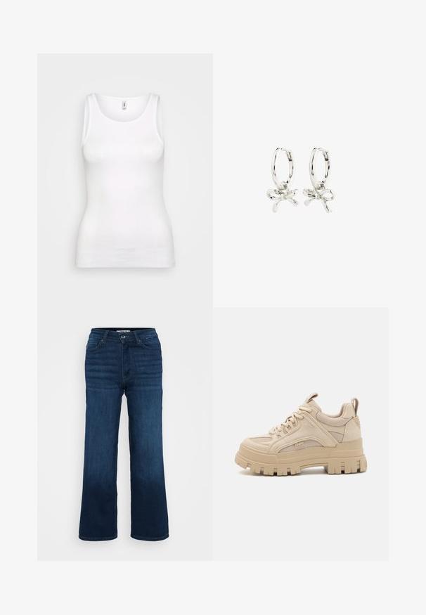 Bílý žebrovaný top bez rukávů s kulatým výstřihem a širokými ramínky, který má štíhlý střih, jenž se přizpůsobuje postavě. Žádné viditelné vzory nebo detaily.; ONLY Petite ONLMADISON BLUSH WIDE - Wide leg - dark blue denim; Krémové robustní tenisky se směsí síťoviny a semiše, s tlustou podrážkou a výrazným vzorem, šněrovacím designem a detaily značky.; Stříbrné kruhové náušnice s designem mašle, s hladkým povrchem a lesklou texturou. Kompaktní, minimalistický styl vhodný pro různé příležitosti.