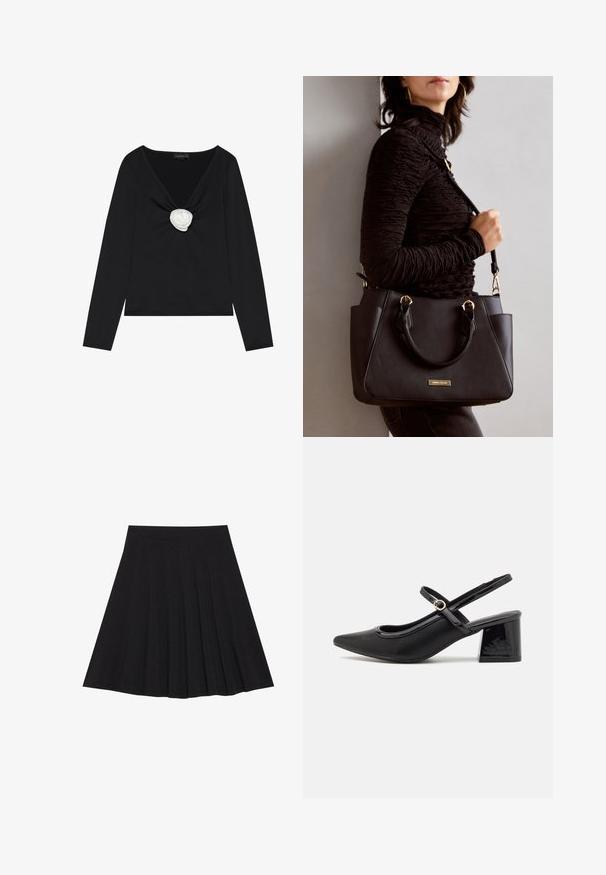 Must match musta pikkade varrukatega topp, millel on sügav V-kaelus ja valgest kangast roosi aksent keskel. Sile tekstuur koos keha ümber õnnestuva siluetiga.; Must mustriga seelik, millel on tekstureeritud kangas ja kitsas vöökoht. Ulatuv põlveni, omadab sujuvat ja lõputut siluetti.; Mustad läikivad nahast slingback-kõrged kontsad, millel on terav nina, ümar lõikekujundus ja blokknina. Omab kuldset nupu aktsenti.; Musthave must kott, millel on tekstuurne pind, kaks ülemist käepidet ja reguleeritav õlarihm. Omab kuldse tooni riistu ja külgtaskuid.