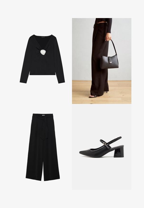 Schwarzes Langarmoberteil mit tiefem V-Ausschnitt und einer weißen Stoffrose als Akzent in der Mitte. Glatte Textur mit figurbetontem Schnitt.; Schwarze weite Hosen aus strukturiertem Stoff, mit elastischem Bund und einem abnehmbaren Bindegürtel in der Taille für eine verstellbare Passform.; Schwarze Lackleder-Slingback-Absätze mit spitzer Zehenform, einem runden Ausschnitt-Design und einem Blockabsatz. Mit einem goldfarbenen Schnallenakzent.; Schwarze Handtasche mit strukturierter Form, glatter Textur und einem metallischen Verschluss. Kombiniert mit weiten schwarzen Hosen und offenen Sandalen auf einem Holzboden.