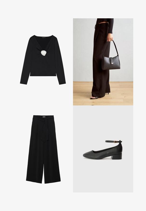 Svart langermet topp med dyp V-hals og en hvit stoffrose i midten. Glatt tekstur med en figurnær silhuett.; Svart vide bukser med teksturert stoff, elastisk midje og avtagbart belte som gir justerbar passform.; Sorte skinnpumper med spiss tå og lav blokkhelt. Har ankelrem med gullfarget spenne. Glatt tekstur.; Svart håndveske med strukturert form, jevn tekstur og metallisk lås. Kombinert med brede svarte bukser og sandaler med åpen tå på tregulv.