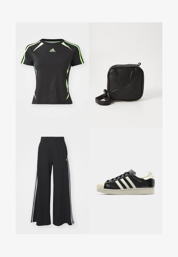 Camiseta atlética negra con mangas cortas, acentos verdes en los hombros y los costados, fabricada con un material suave y flexible.; Pantalones de chándal negros de pierna ancha con una cinturilla elástica, que presentan franjas blancas a los lados y un logo bordado en el muslo izquierdo.; Zapatilla de cuero negro con rayas blancas, puntera de goma, cordones negros y suela color crema. Textura suave con acabado brillante.; Bolso cruzado negro hecho de material sintético texturizado. Presenta un diseño de logo en relieve y correa ajustable. Cierre con cremallera.