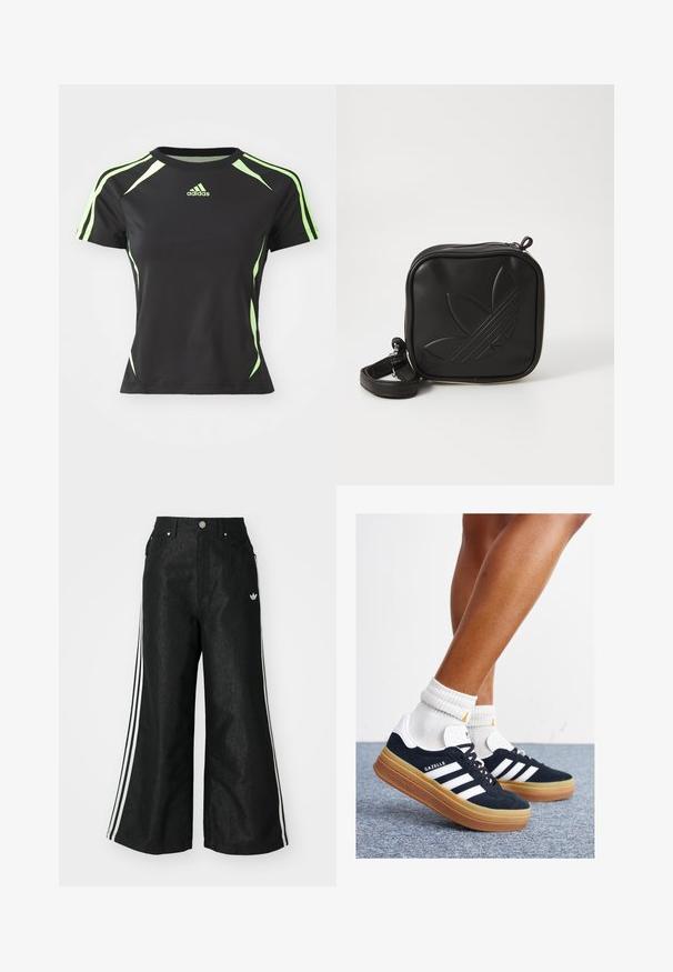 Čierne atletické tričko s krátkymi rukávmi, so zelenými akcentmi na pleciach a po stranách, vyrobené z hladkého, flexibilného materiálu.; Čierne džínsy s širokým strihom, s tromi bielymi pruhmi po stranách a malým bielym logom. Obsahujú predné vrecká a zapínanie na gombík.; Čierne semišové tenisky s bielymi pruhmi a detailmi, so zaoblenou špičkou, podrážkou z gumovej gumy, doplnené bielymi rebrovanými ponožkami.; Čierna štvorec krossbody taška vyrobená z textúrovaného syntetického materiálu. Obsahuje embosovanú logo úpravu a nastaviteľný popruh. Zapínanie na zips.