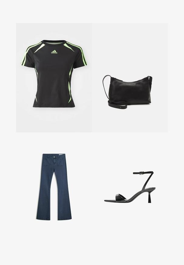 Czarny koszulka sportowa z krótkim rękawem, z zielonymi akcentami na ramionach i bokach, wykonana z gładkiego, elastycznego materiału.; Ciemnoniebieskie dżinsy typu dzwony z przeszytymi kieszeniami, zapięciem na guzik i gładką fakturą. Posiadają klasyczny pięciokieszeniowy fason.; Bershka - Sandały na obcasie; Czarna skórzana torba na ramię o gładkiej fakturze, zakrzywionym kształcie, regulowanym pasku i zapięciu na zamek. Minimalistyczny design bez zdobień.