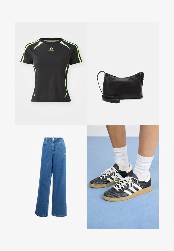 Mustapohjainen urheilupaita, jossa on lyhyet hihat, vihreät yksityiskohdat olkapäissä ja sivuilla, valmistettu sileästä ja joustavasta materiaalista.; Sininen farkkuhousu, jossa on leveät lahkeet, korkea vyötärö, etutaskut ja pieni valkoinen logodetaali lantiolla. Hiukan haalistunut pinnan rakenne.; Mustat nahkasneakerit valkoisilla raidoilla, pyöreä kärki, valkoiset nauhat ja kumipohja. Korostaa pehmustettua kaulusta ja brändäysohjeita.; Musta nahkainen olkalaukku, jossa on sileä pinta, kaareva muoto, säädettävä hihna ja vetoketjukiinnitys. Minimalistinen muotoilu ilman koristeita.