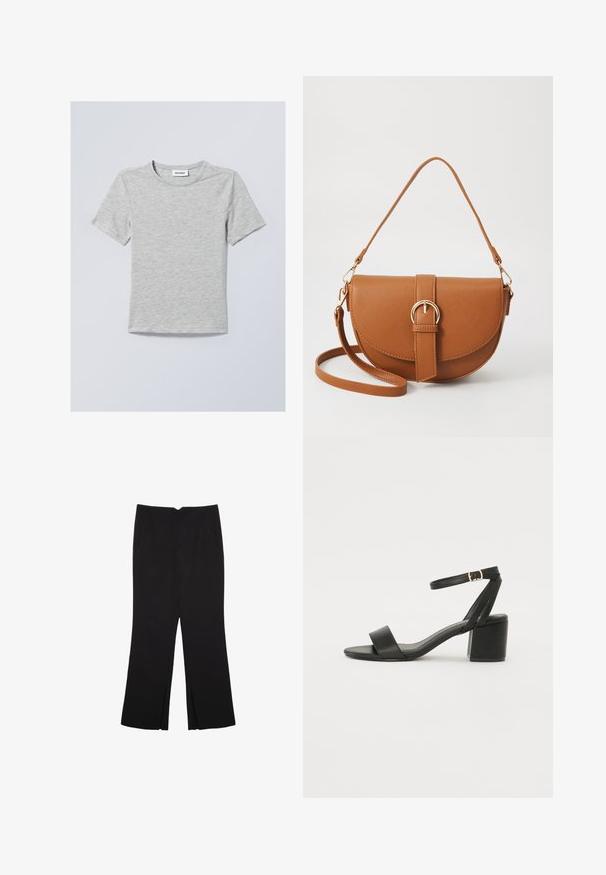 Light gray short-sleeve t-shirt made of soft fabric. Features a round neckline and simple, clean lines with no patterns or embellishments.; Black trousers with a straight fit, featuring front pockets and side slits at the hem. Made of soft, smooth fabric. Suitable for various occasions.; Black heeled sandal featuring a smooth leather upper, an open toe, wide front straps, and adjustable ankle strap with a gold buckle detail.; Brown leather crossbody bag with a curved shape, gold hardware, and a buckle accent. Features a detachable shoulder strap.