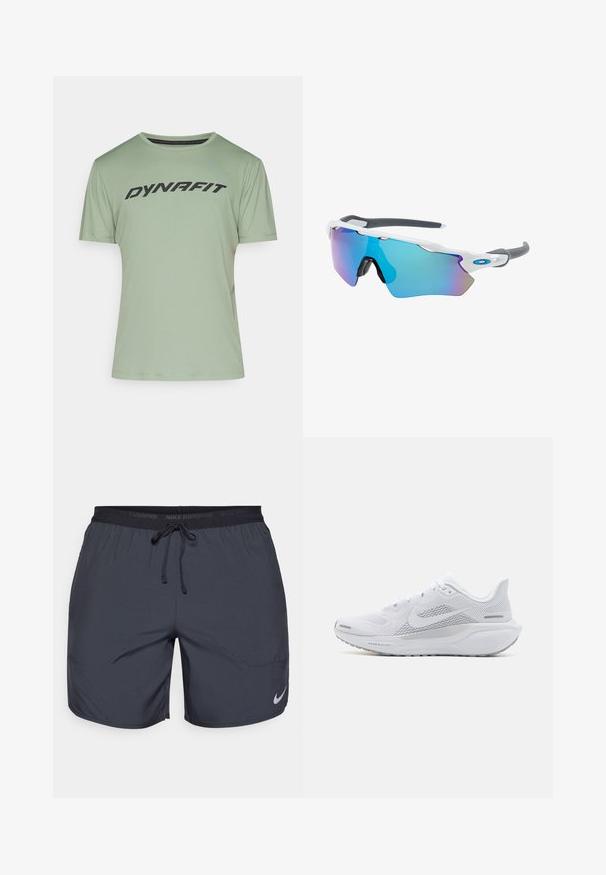 Light green short-sleeve athletic shirt with a crew neck and black "DYNAFIT" logo printed across the chest. Made of smooth, breathable fabric.; Nike running shorts in dark gray, featuring an elastic waistband with a drawstring and a silver logo accent on the lower right leg.; White athletic shoe with a mesh upper, smooth textured overlays, grey accents, laces, and a cushioned sole designed for performance.; Sunglasses with a white frame, gray accents, and blue mirrored lenses. Sporty design, wraparound shape, and adjustable nose pads.