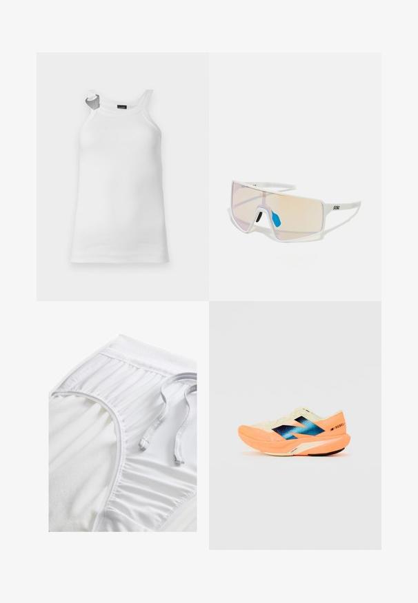 Top de tirantes fino blanco con canalé, de escote redondo, que presenta una etiqueta plateada adjunta en el hombro izquierdo.; Pantalones cortos deportivos blancos con una cinta de cintura texturizada, detalles fruncidos en los laterales y un cordón plano. Tejido suave con un acabado liso.; Zapatilla de running con un upper ligero en color crema, branding azul y acentos naranjas en la suela. Textura de malla para mayor transpirabilidad.; Gafas de sol con marco blanco y lentes grandes en degradado que presentan un tinte de rosa a naranja claro, acentuadas con una pieza nasal azul y un detalle del logo.