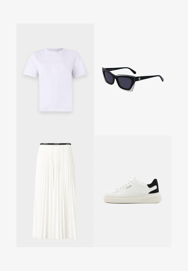 Hvit bomulls t-skjorte med hevet "LOVERS IN" tekstdesign. Klassisk rund hals og korte ermer med avslappet passform.; Plissert hvit skjørt med en svart elastisk midje som har "LACOSTE"-logoen. Midjelengde design med myk tekstur.; Hvite lær sneakers med tykk hvit såle, svart semsket hælforsterkning og preget logo på siden. Snøresystem med seks hull.; Store svarte solbriller i overdimensjonert størrelse med geometrisk form, med mørke linser og en kontrasterende grå detalj på rammen. Logo på armen.