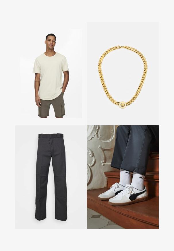 Beige Baumwoll-T-Shirt mit Rundhalsausschnitt, kurzen Ärmeln und lockerer Passform. Kombiniert mit olivgrünen Cargo-Shorts mit Taschen.; Schwarze Hose aus strapazierfähigem Material, mit geradem Bein, einem Bund mit Gürtelschlaufen und Nähten für zusätzlichen Textur.; Puma-Sneaker aus weißem und schwarzem Wildleder mit einer braunen Gummisohle. Kombiniert mit weißen Socken, die ein schwarzes Logo zeigen, getragen zu dunklen Hosen.; Goldene Kettenhalskette mit großen miteinander verbundenen Gliedern, mit einem kreisförmigen Anhänger in der Mitte, der ein erhabenes Emblem zeigt.