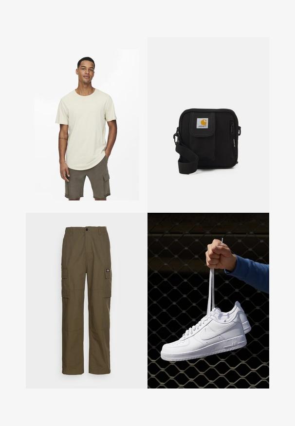 Beige Baumwoll-T-Shirt mit Rundhalsausschnitt, kurzen Ärmeln und lockerer Passform. Kombiniert mit olivgrünen Cargo-Shorts mit Taschen.; Cargo-Hosen in olivgrün, aus strapazierfähigem Stoff. Verfügt über zwei Seitentaschen, eine normale Taille und ein gerades Bein.; Weiße Leder-Sneaker mit Perforationen, runder Zehenpartie, flacher Sohle und dicken Schnürsenkeln, mit sichtbar eingesticktem Swoosh-Logo und "AIR" an der Ferse.; Schwarze Umhängetasche mit einem Reißverschluss-Hauptfach, einer Fronttasche, einem verstellbaren Tragegurt und einem sichtbaren Logo-Patch auf dem Deckel.