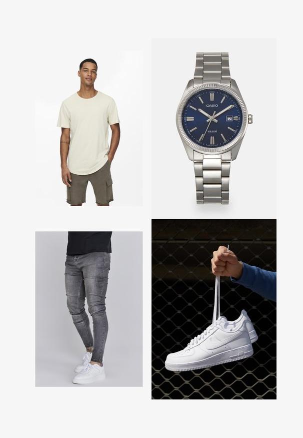 Bežs kokvilnas T-krekls ar apaļu kaklu, īsām piedurknēm un brīvu piegriezumu. Saskaņots ar olīvzaļiem cargo šortiem ar kabatām.; Tievās džinsās bālganā pelēkā denimā, kas izceļas ar nolietotām detaļām pie ceļgaliem, apvienotas ar baltām kedām. Gluda tekstūra, šaurs piegriezums.; Baltas ādas sporta apavi ar perforācijām, apaļu purngali, plakanu zoli un biezām šņorēm, ar redzamu swoosh logo un vārdu "AIR" uz papēža.; Sudraba nerūsējošā tērauda rokas pulkstenis ar tumši zilu ciparnīcu, metalizētiem stundu rādītājiem un datuma logu pie pulksten 3. Ūdensizturīgs līdz 50 metriem.