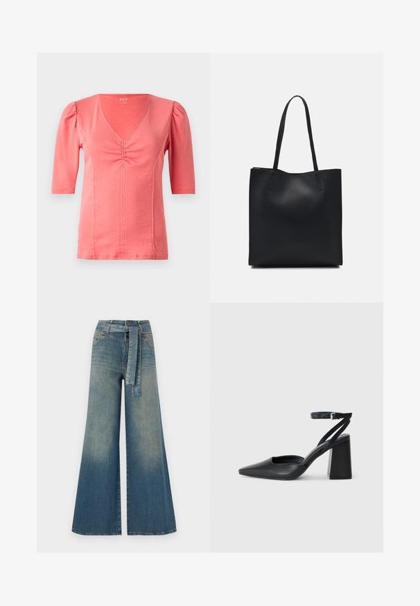 Korala majica s kratkim rukavima i V-izrezom, s nabranym detaljem sprijeda i mekim rastezljivim materijalom. Glatka tekstura i prilagođen dizajn.; Široke traperice s gradijentom od svijetloplave do tamnoplave, visokog struka, petljama za remen i remenom od istog materijala. Teksturirana traper tkanina.; Crne kožne cipele s špicastim vrhom, remenom oko gležnja i debelim potplatom. Ravna tekstura, elegantan dizajn i minimalistička estetika.; Crna kožna torba za nošenje s glatkom teksturom, pravokutnim oblikom i dvije duge ručke. Nema vidljivih metalnih dijelova ili ukrasa.